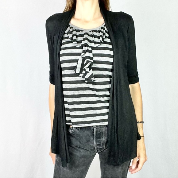 IZ BYER |🐼Black White Striped Faux Layered Mixed Media 1/2 Sleeves Loose Blouse - Picture 1 of 11